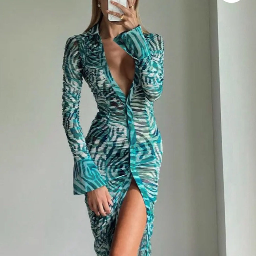 PLT 2 XS S GREEN ZEBRA PRINT MESH RUCHED LONG SLEEVE MIDI SHIRT DRESS